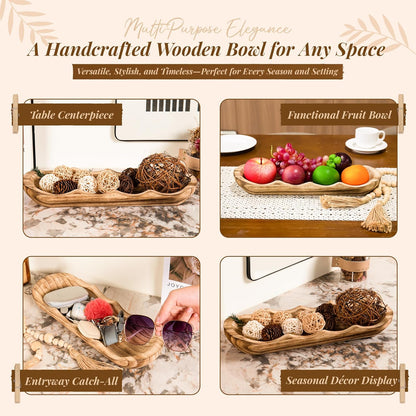 Wavy Edge Wooden Dough Bowl for Decor 16"L Lightweight Paulownia Wood Hand Carved Decorative Wooden Farmhouse Fruit Bowl Handmade, Home Decoration Centerpiece, Table Display Bowl