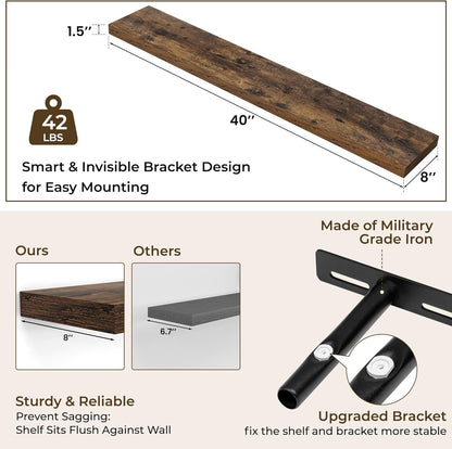 RICHFOCUS 40Inch Floating Shelves for Wall 2 Pack Shelves for Bedroom|Kitchen|Bathroom Wall Mounted Rustic Wood Floating Shelf with Invisible Brackets for Books|Storage|Decor, Rustic Brown