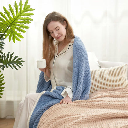 Snuggle Sac Blue Waffle Bedding Blankets Queen Size 90x90 inches, Reversible Microfiber Fluffy Fuzzy Soft Throw Cozy Knit Blanket for Women Mothers Birthday Gifts
