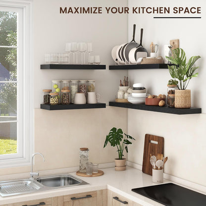 Floating Shelves - 2 Large Wall Mounted Shelves with Invisible Brackets, Long Wood Floating Wall Shelf for Living Room, Bedroom, Kitchen (Black, 48" W x 9" D x 1.5" H)