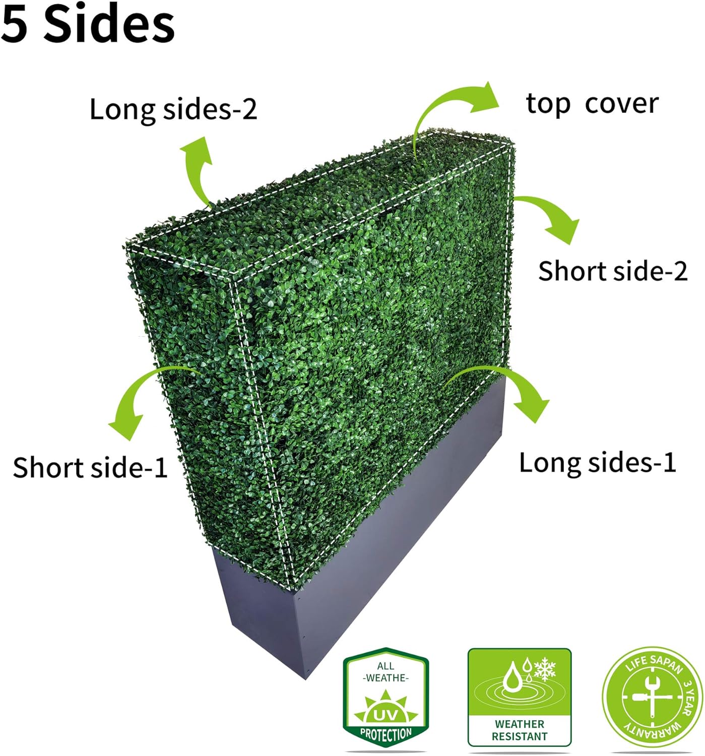 AGPL Upgraded Artificial Boxwood Hedge Wall with Dark Gray Stainless Steel Planter Box (79" Height 48" Width 12" Deep) Room Divider and Privacy Wall (79)
