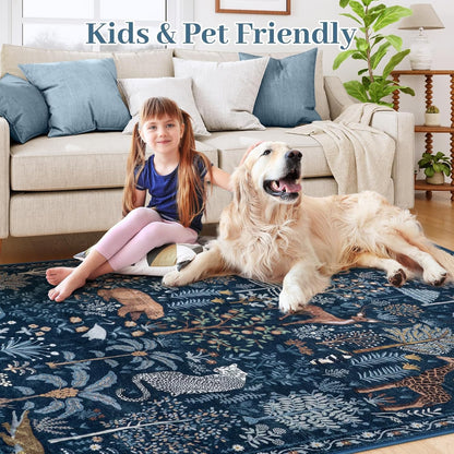 OJIA Jungle Print Blue 5x7 Rugs for Living Room, Soft Ultra-Thin Washable Area Rugs for Bedroom Non-Slip Modern Entryway Rug Non Shedding Indoor Carpet Kids Rugs for Playroom Nursery Classroom