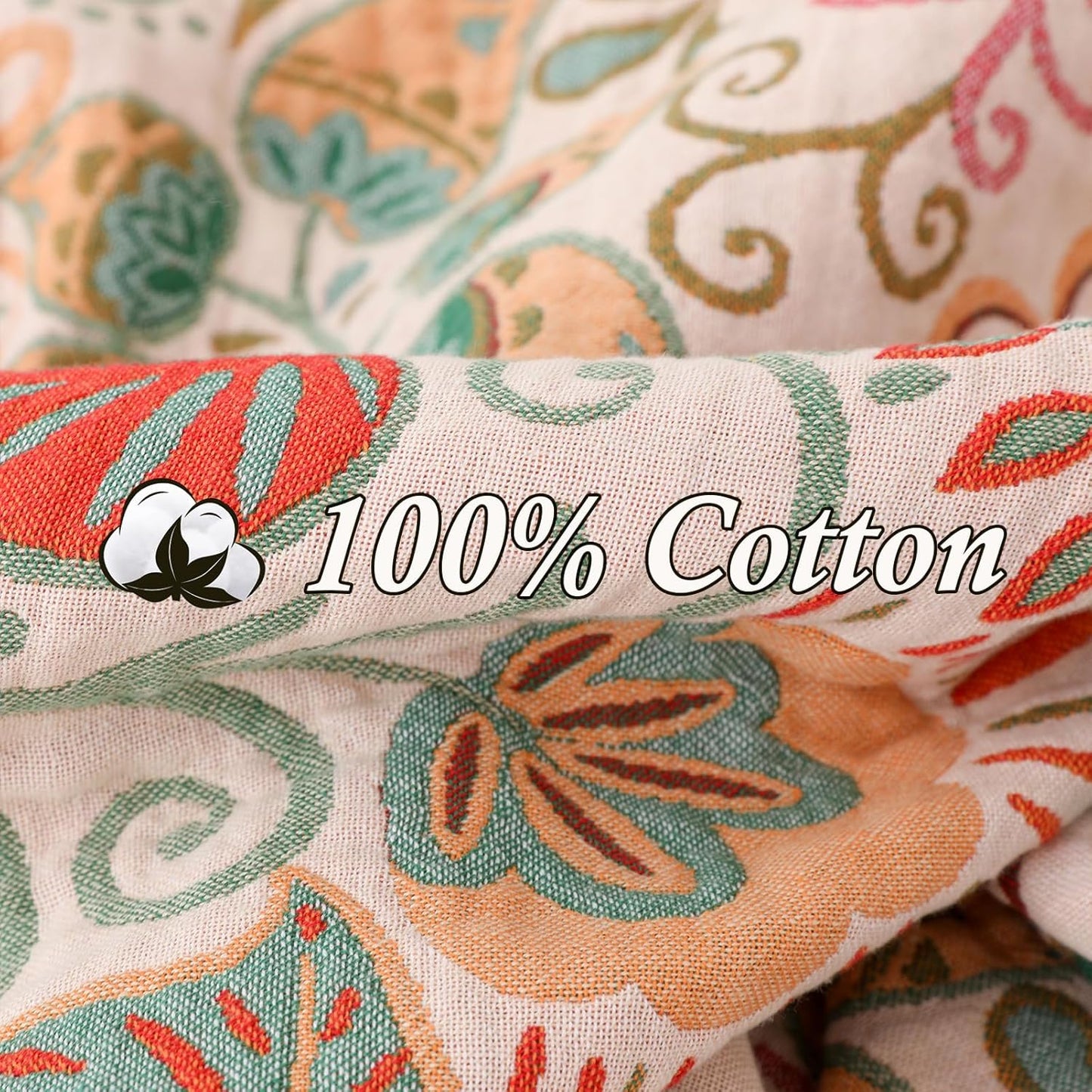 Snycler Cotton Bed Throw with Tassels, Double-Sided Bohemian Spring Flowers Plants Throws for Sofas, 80x90 inch Woven Warm Blanket for Single Sofa, Bedspread and Settee Couch Travel Green