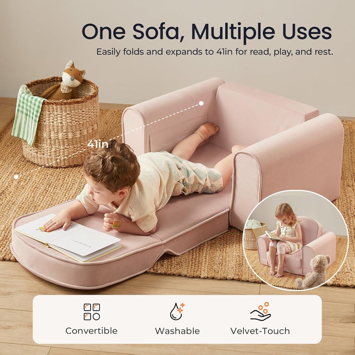 Tiny Land 2-in-1 Foldable Kids Couch with Pockets – Soft Thick Toddler Sofa, Lounger Couch, Convertible Kids Chair for Playroom, Bedroom or Living Room, Gift for Boys & Girls (Pink)