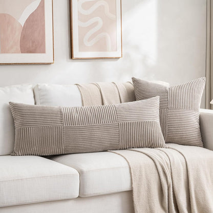 Fancy Homi Set of 2 Neutral Taupe Boho Long Lumbar Body Decorative Throw Pillow Cover 14x36 Inch for Bed Couch Bedroom Bench, Soft Patchwork Corduroy Textured Pillow Case, Farmhouse Room Decor