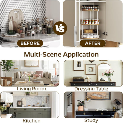 3-Tier Lazy Susan Organizer, Rotating Spice Rack, Spinning Organizer, Industrial Turntable Spice Rack Organizer for Cabinet, Kitchen Countertop, Pantry, White and Natural SR23WN