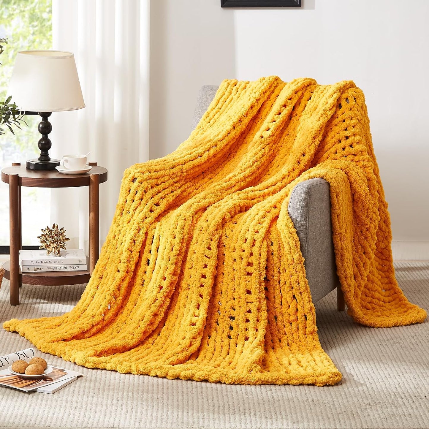 L'AGRATY Chunky Knit Blanket Throw - Soft Chunky Throw Blanket 30x40: 100% Hand Kintted Chenile Crochet Throw Blanket for Couch - Large Cable Knit Chunky Blanket for Home Decor(Mustard Yellow)