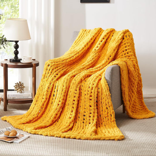 L'AGRATY Chunky Knit Blanket Throw - Soft Throw Blanket 50x60: 100% Hand Knitted Chenile Crochet Throw for Home Decor - Mustard Yellow