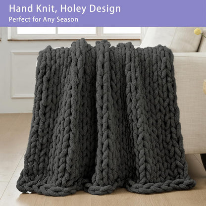Bigacogo Chunky Knit Throw Blanket for Couch, 40x40 inches, 100% Hand Knitted with Thick Jumbo Chenille Yarn, Cozy Soft Large Rope Knot Cable Crochet Blankets for Sofa Bed Living Room, Dark Grey