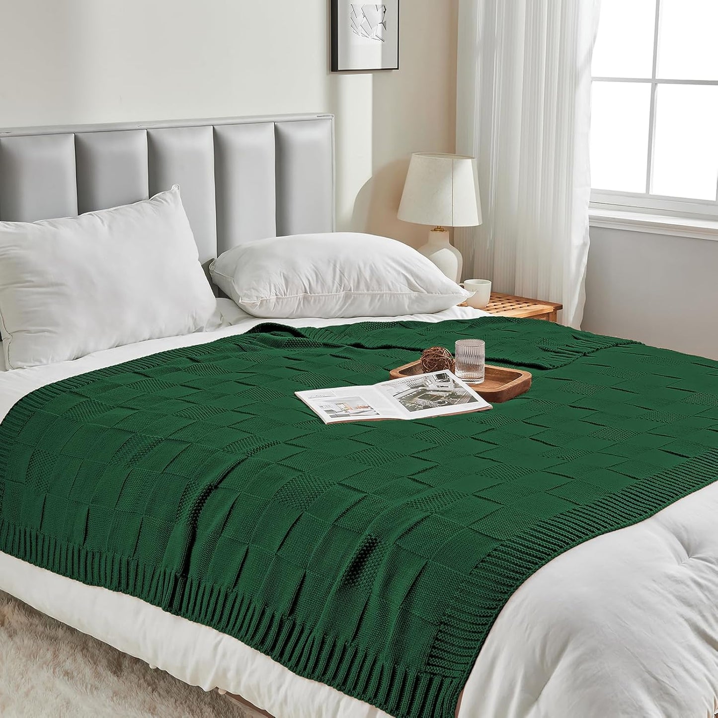 CozeCube Knit Throw Blanket, Green Checkered Throw for Couch, Soft Cozy Warm Knitted Blanket for Bed Sofa Living Room, 60"X80", Forest Green