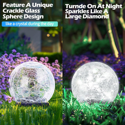 Garden Solar Ball Lights Outdoor Waterproof, 80 LED Cracked Glass Globe Solar Power Ground Lights for Path Yard Patio Lawn, Outdoor Decoration Landscape White (2 Pack 5.9'')