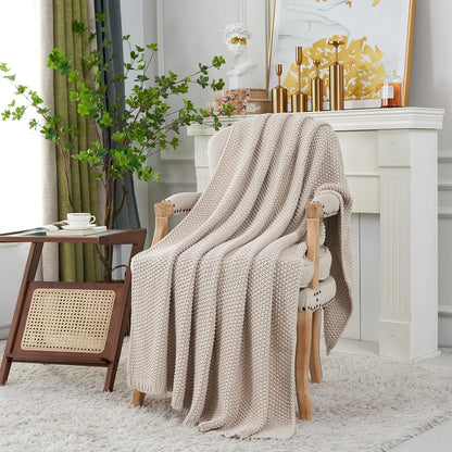 Longhui bedding Chunky Cable Knit Throw Blanket Lightweight Beige 100% Organic Cotton Blanket for Sofa Couch Bed Baby Nursery, Rustic Shabby Chic Modern Farmhouse, 60” x 80”