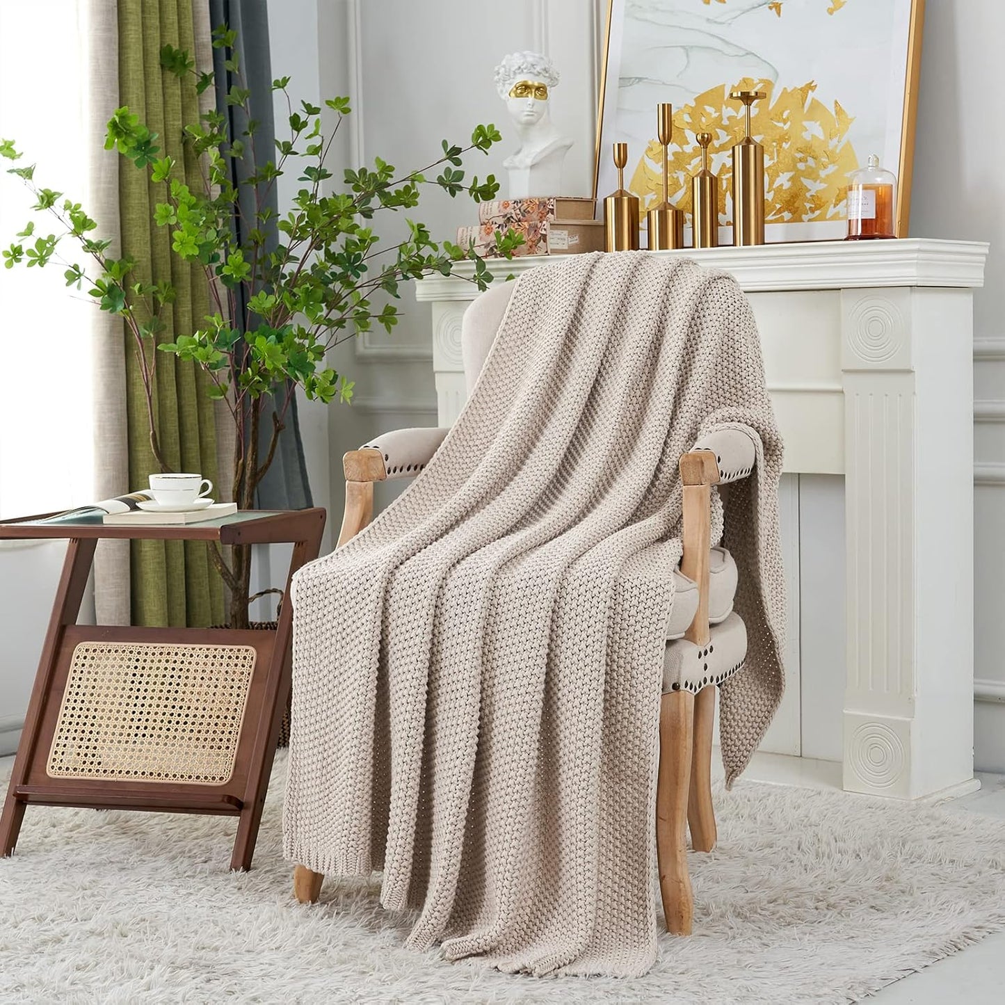 Longhui bedding Chunky Cable Knit Throw Blanket Lightweight Beige 100% Organic Cotton Blanket for Sofa Couch Bed Baby Nursery, Rustic Shabby Chic Modern Farmhouse, 51” x 63” Give Laundering Bag