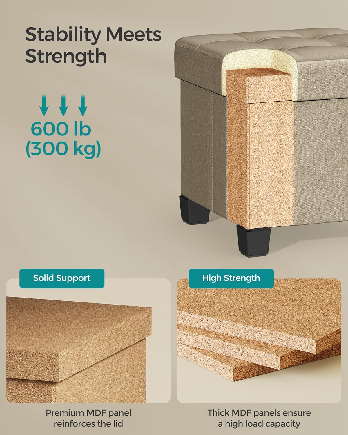 SONGMICS Storage Ottoman, Small Ottoman Foot Rest with Legs, 15 x 15 x 15.7 Inches Foot Stool, Load up to 660 lb, for Living Room, Bedroom, Dorm, Camel Brown ULSF014K01