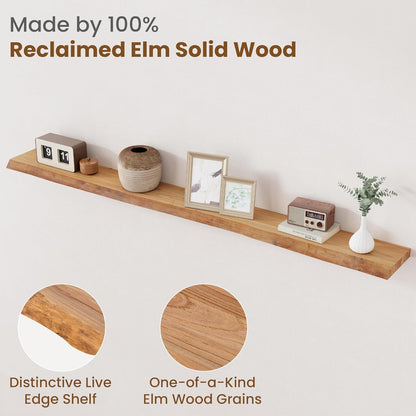 Floating Shelves for Wall Decor, Rustic Solid Elm Wood Live Edge Floating Shelves Wall Mounted, Wall Shelves with Invisible Bracket for Living Room Bathroom Bedroom Kitchen, 72 Inch, Natural