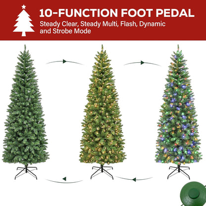Hykolity 7.5 ft Prelit Pencil Slim Christmas Tree, 792 Branch Tips, 300 Color Changing LED Lights for Decoration, Metal Stand and Hinged Branches, 10 Color Modes