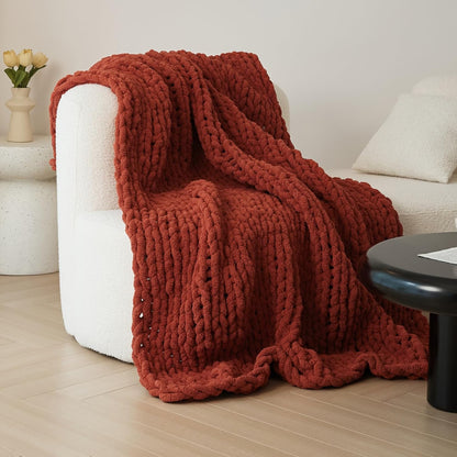 WESHIONGOO Chunky Knit Blanket Throw Knitted Throw Blankets for Couch Bed Fluffy Soft Blanket with Jumbo Chenille Yarn Thick 100% Handmade(Rust, 50"×60")