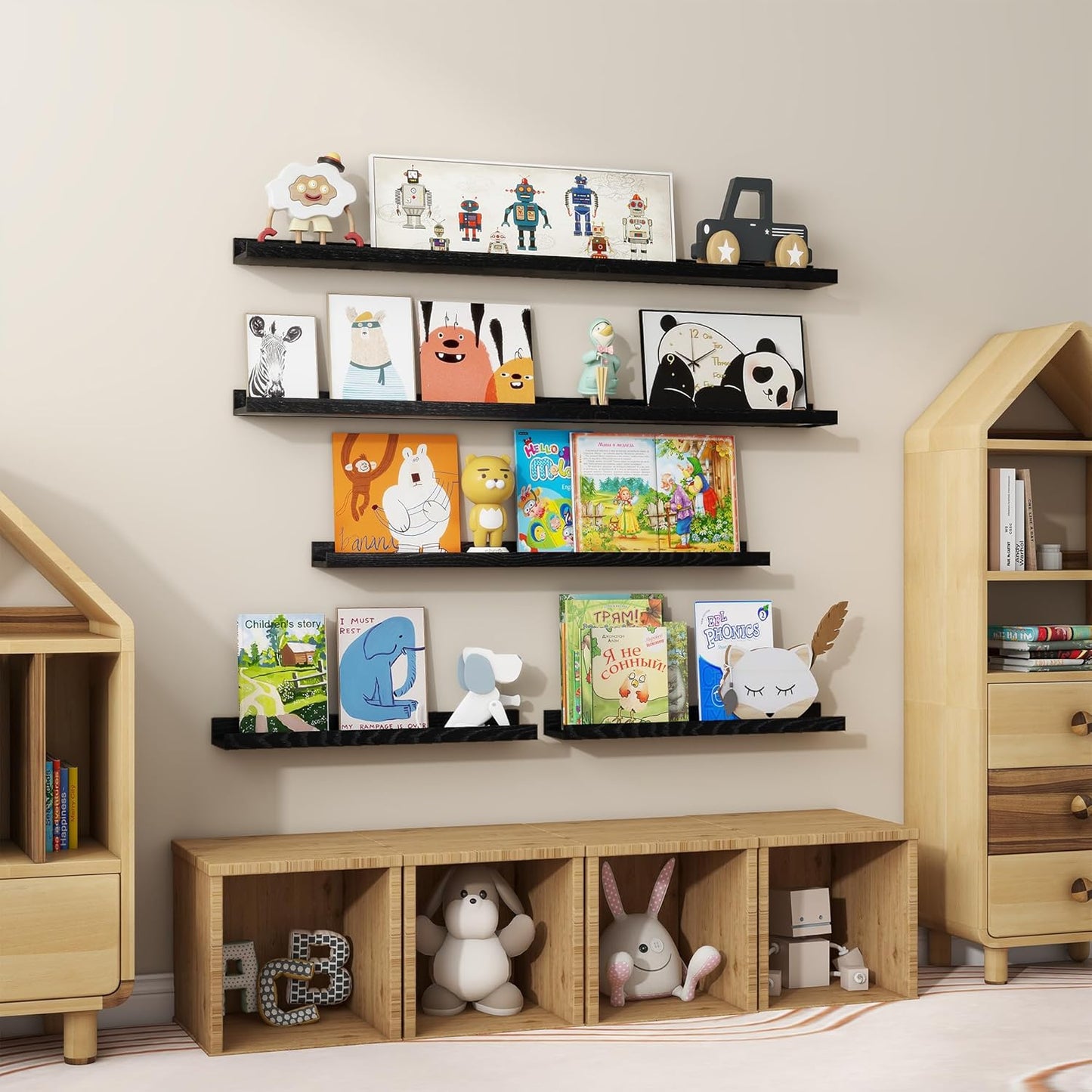 Floating Picture Ledge Shelves 36 Inch Solid Oak Wood Set of 2, Rustic Wall Storage Shelves with Lip, Kids Bookshelf, Photo & Picture Ledge Shelves for Bedroom, Living Room, Kitchen