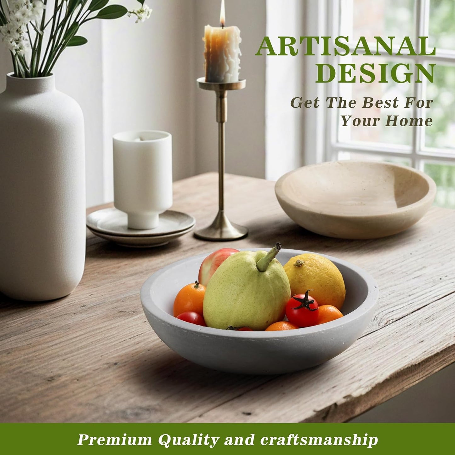 Marble Fruit Bowl for Kitchen Counter - Decorative Serving Bowl with Gray Travertine Design, Modern Home Decor (7.8 Inch)