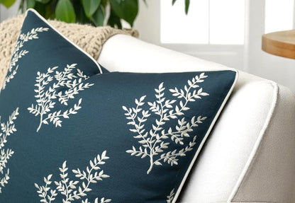 VAGMINE Embroidered Leaves Throw Pillow Cover - 20x20 Inches Square - 100% Cotton Teal Decorative Cushion Cover - Luxurious Embroidery Pattern - Vibrant Boho Accent for Sofa, Bed, Chair, Living Room
