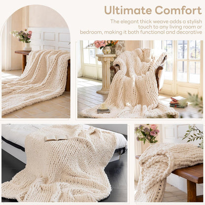 Chunky Knit Blanket - Luxury Soft Cozy 60 * 80 Throw Blanket,100% Woven Blanket Rope Knot Throw Blanket for Couch, Sofa, Home Decor, Gift - Machine Washable（Cream）