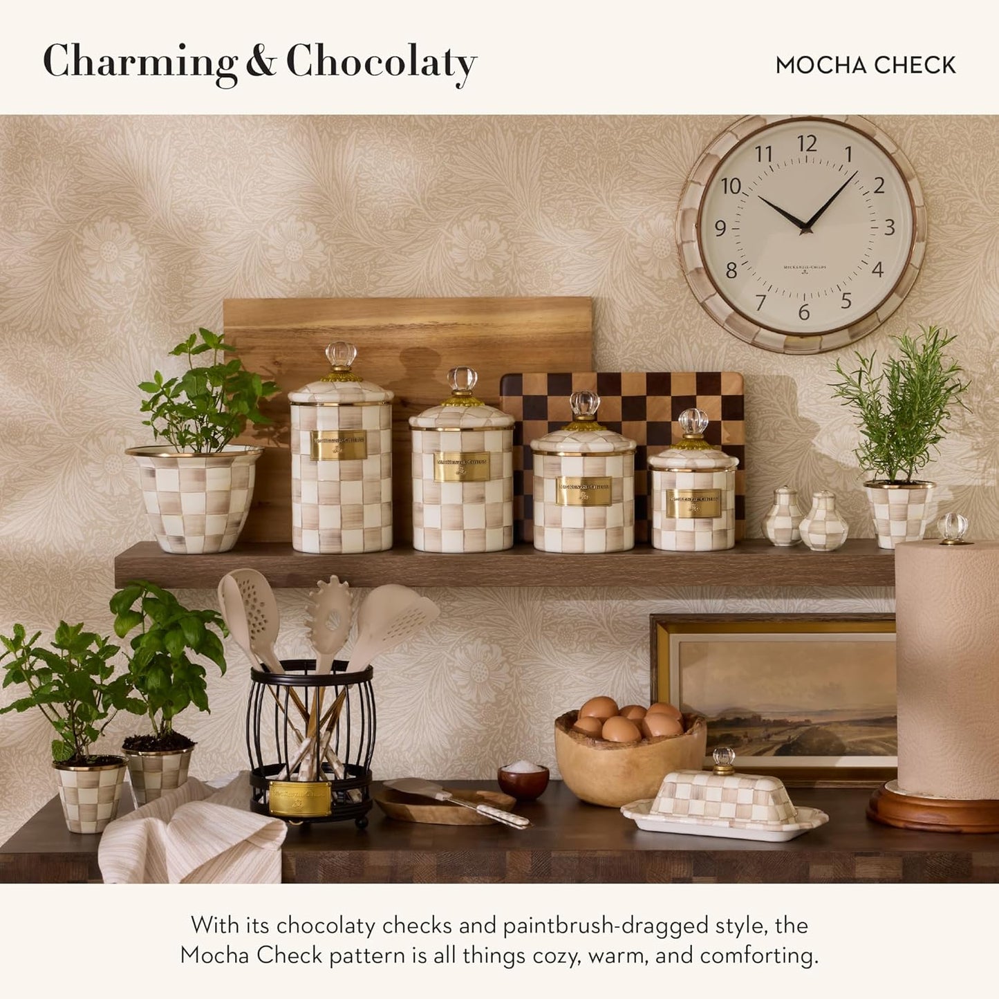 MACKENZIE-CHILDS Enamel Herb Pots, Small Plant Pots for Herbs or Flowers, Set of 3, Brown-and-White Mocha Check