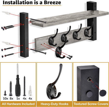 Sorbus Coat Hooks Wall Mount with Shelf – 24 Inch Coat Rack Wall Mount with 5 Heavy Duty Hooks – Floating Wall Shelf with Hooks for Entryway, Bathroom, Bedroom, Kitchen, or Mudroom (Gray)