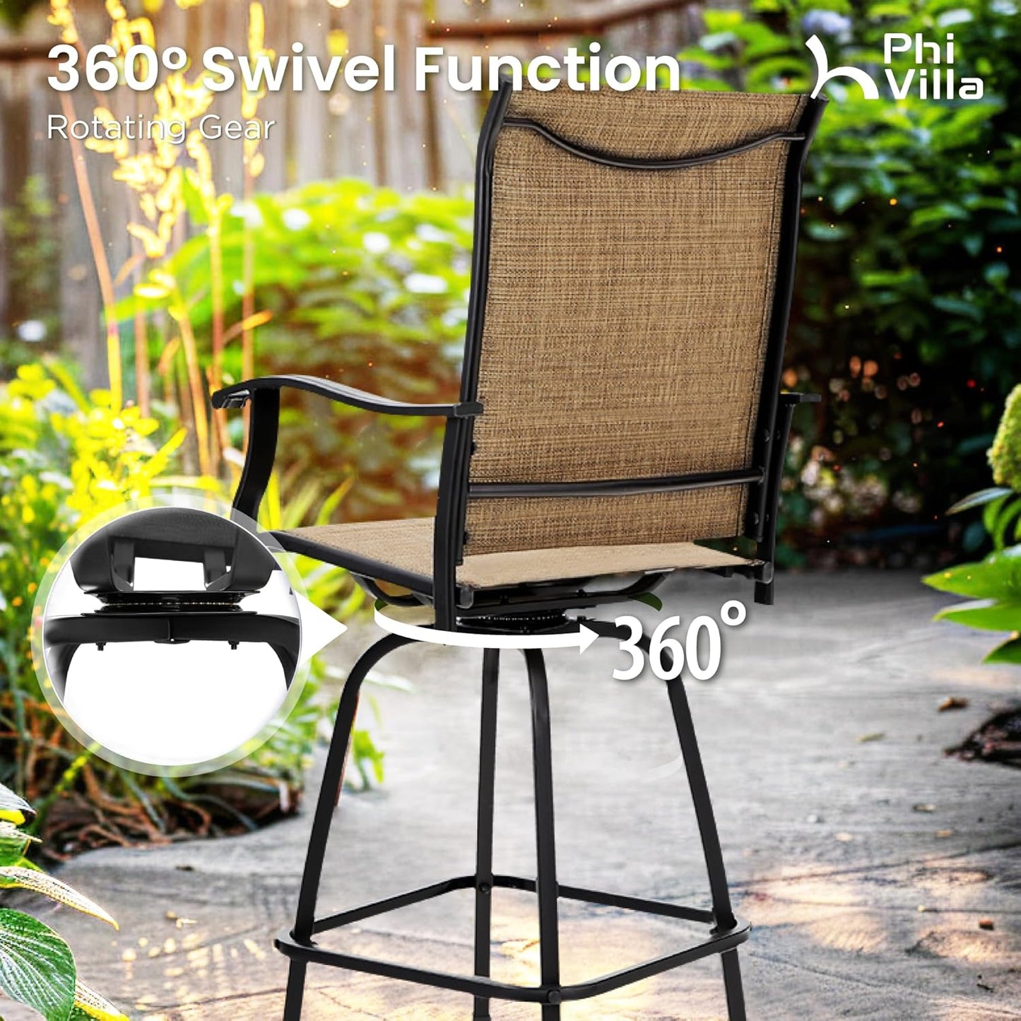 PHI VILLA 3 Piece Outdoor Bar Set, High Top Patio Table and Chairs with Brown Textilene Fabric & Rustproof Metal Frame for Backyard, Balcony, Garden & Poolside