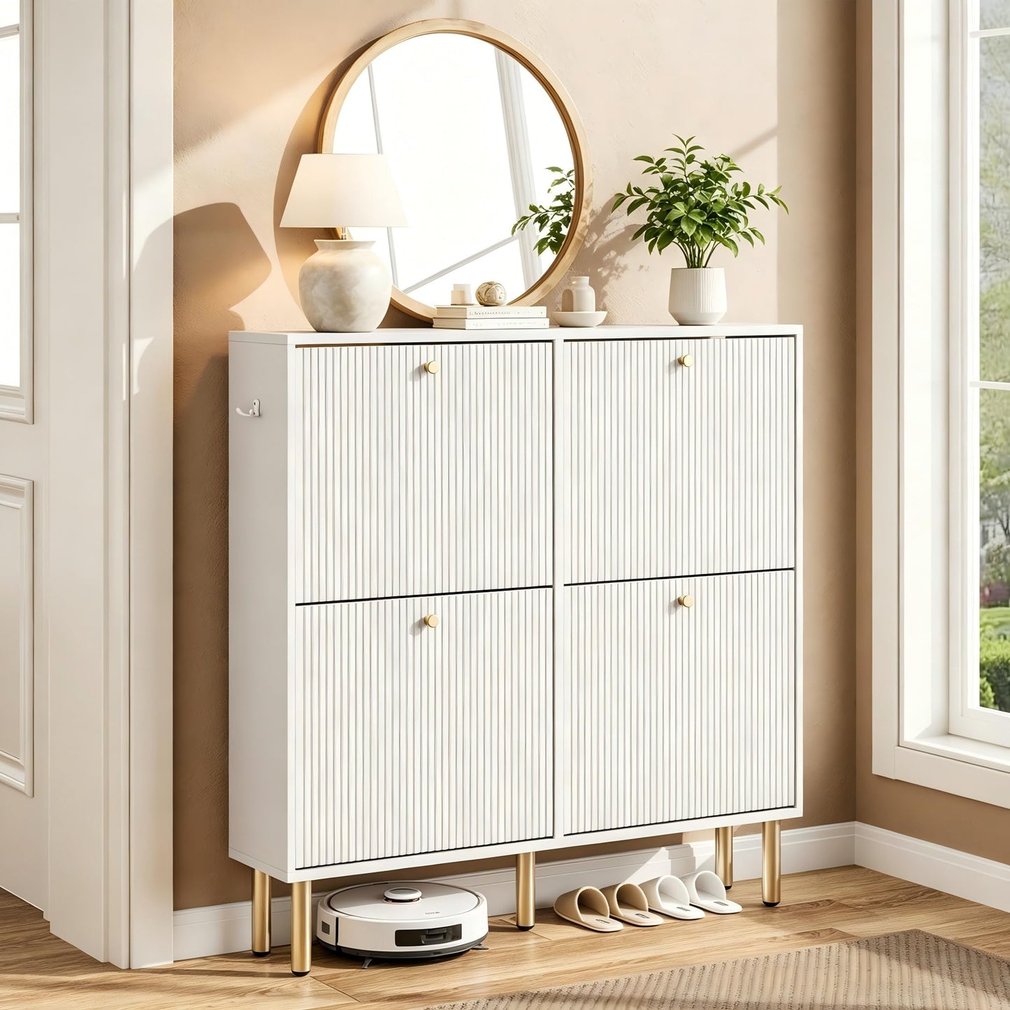 Nicetree White Shoe Cabinet for Entryway, 4 Flip Drawers Shoe Storage Cabinet with Tiered Fluted