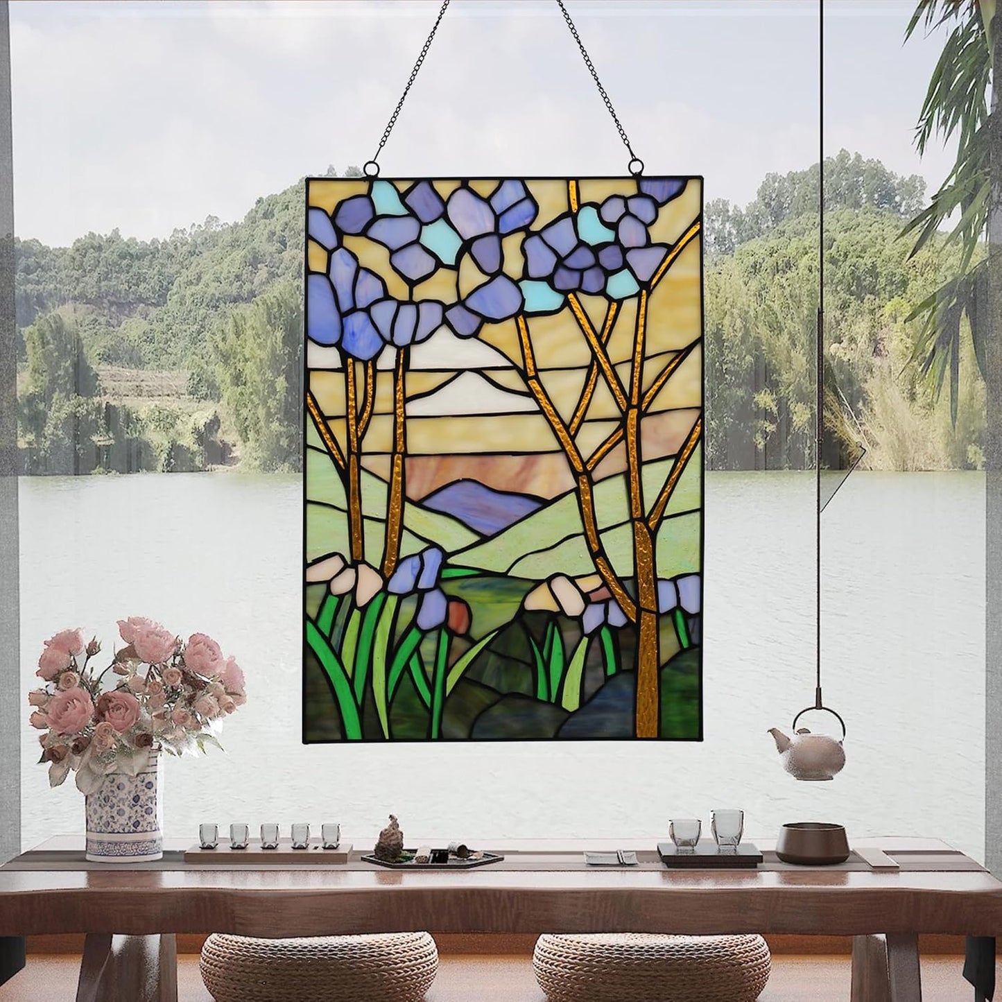 YOURANJU Stained Glass Window Hanging 16" H x 11" W Tiffany Style Rectangular Window Panel Suitable for Living Room Bedroom Kitchen Window Decoration Hangings with Chain (Sunset)
