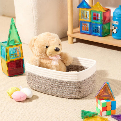 Small Storage Baskets for Organizing | Closet Organizer Bins | Shelf Toy Basket | Woven Rope Baskets | Cube Decorative Box | Shallow Basket | 11.5x7.5x4.7” | 3 Packs White Brown