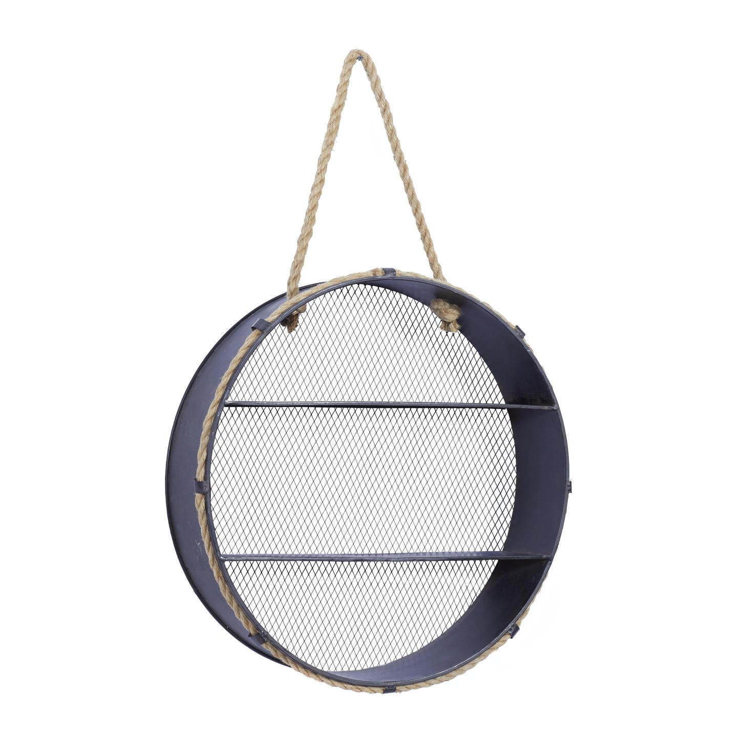 Deco 79 Metal Round 2 Shelves Wall Shelf with Hanging Rope, 24" x 6" x 24", Black