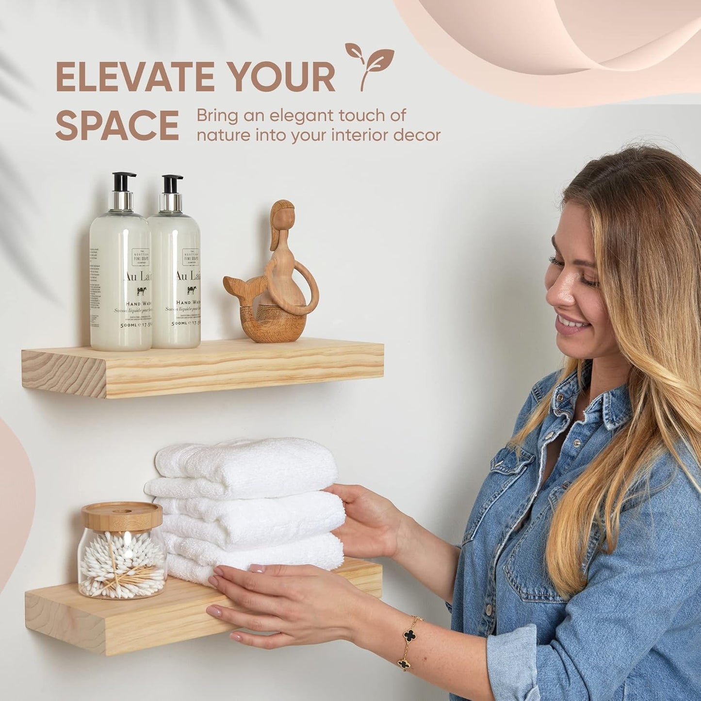 Homeforia 16 inch Natural Floating Shelf, High End Solid Real Wood 16inch Small Floating Shelves for Wall Mounted, Natural Wooden Floating Shelves, Heavy Duty Bracket, 16 X 6.5 X 1.75 in, Set of 4