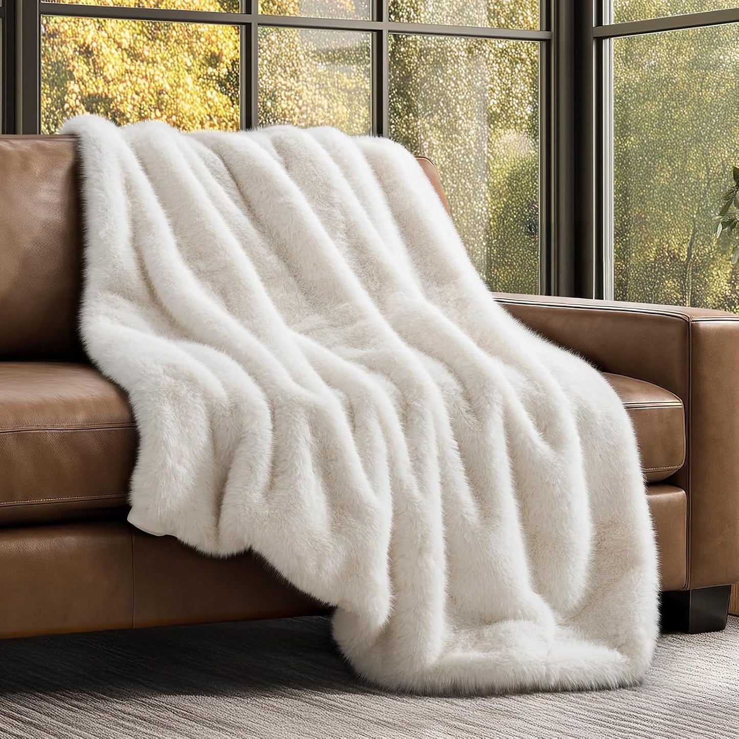 Luxury Faux Fur Throw Blanket, Soft Fluffy Faux Mink Blankets for Bed, Couch, Sofa, Thick Cozy Plush Warm Fur Throws with Reversible Velvet, Ivory Mink, 60"x80"
