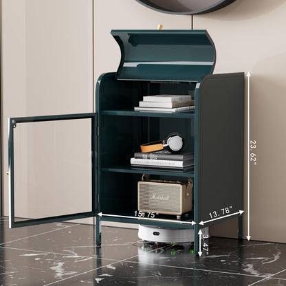 Modern Metal Side Tables, End Tables with Glass Door, 2-Tier Nightstands with Storage Shelves, Accent Table, Slim Sofa Table for Living Room, Bedroom (1, Green)