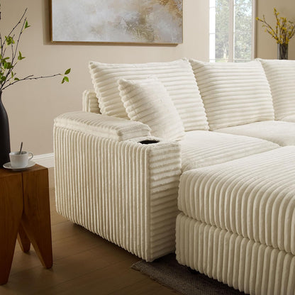 Modular Sectional Sofa Couch, Plush Corduroy Fabric Sectional Couches for Living Room with USB Charging Ports, Phone Holders, and Multi-Functional Storage Armrests (White, 4set+2ottoman)