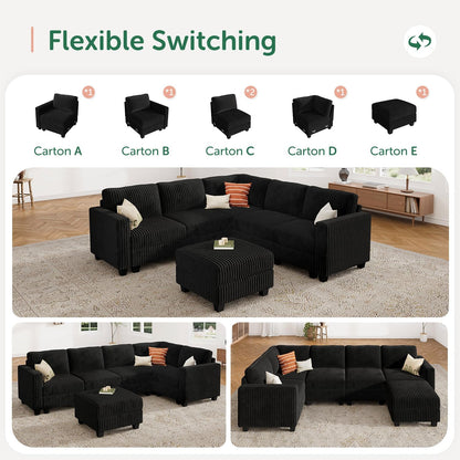HONBAY Corduroy Modular Sectional Couch with Storage L-Shaped Sectional Couches for Living Room 6 Seater Modular Sectional Sofa, Black