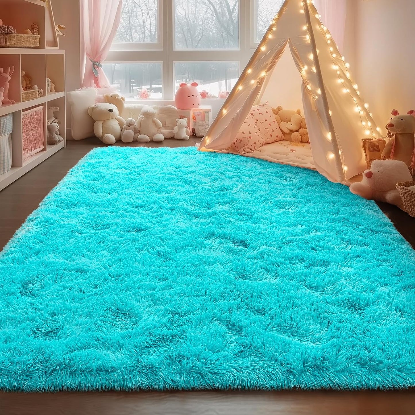 Rezutan Modern Shaggy Area Rug - Super Soft Fluffy Living Room Bedroom Rug for Kids Nursery, Classroom, Bedside Decor W/Non-Slip Bottom Teal Blue, 4x6 Feet