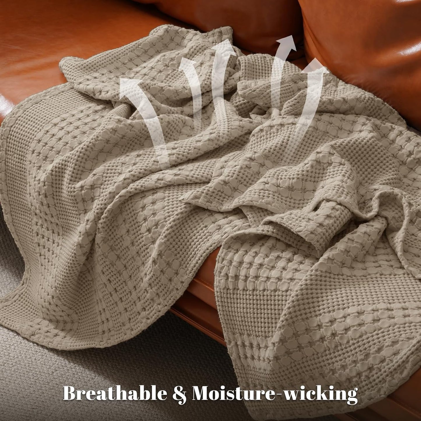 PHF 100% Cotton Waffle Weave Blanket Queen Size, Soft Lightweight Breathable Cozy Summer Blankets for Bed, Luxury Aesthetic Woven Bedding for Home Decor, 90"x90", Simply Taupe
