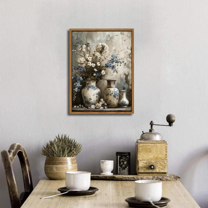 Floating Framed Farmhouse Floral Canvas Wall Art, Vintage Blue and White Flower Pictures Wall Decor, Elegant Art Jar Posters Print for Living Room Bedroom Bathroom Rustic Decor 12x16 inch