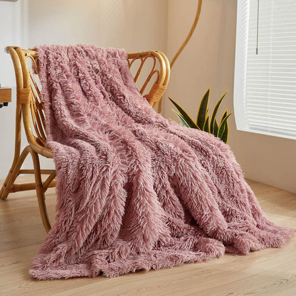 XeGe Plush Faux Fur Throw, Dusty Pink Luxurious 50x60 Shaggy Furry Blanket, Fluffy Microfiber Velvet Couch Throw, Ultra Soft Warm Fuzzy Lap Blanket for Sofa Bed Chair Car Office, Dusty Pink
