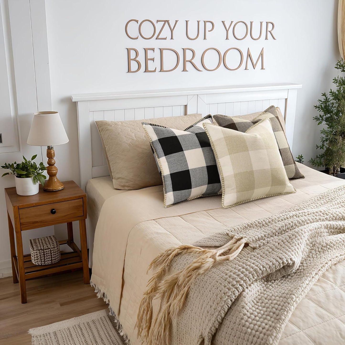 decorUhome Buffalo Plaid Check Throw Pillow Covers 24x24 Set of 2, Outdoor Decorative Farmhouse Neutral Pillow Covers with Stitched Edge for Bed Couch Sofa, Black and White