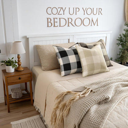 decorUhome Buffalo Plaid Check Throw Pillow Covers 24x24 Set of 2, Outdoor Decorative Farmhouse Neutral Pillow Covers with Stitched Edge for Bed Couch Sofa, Black and White