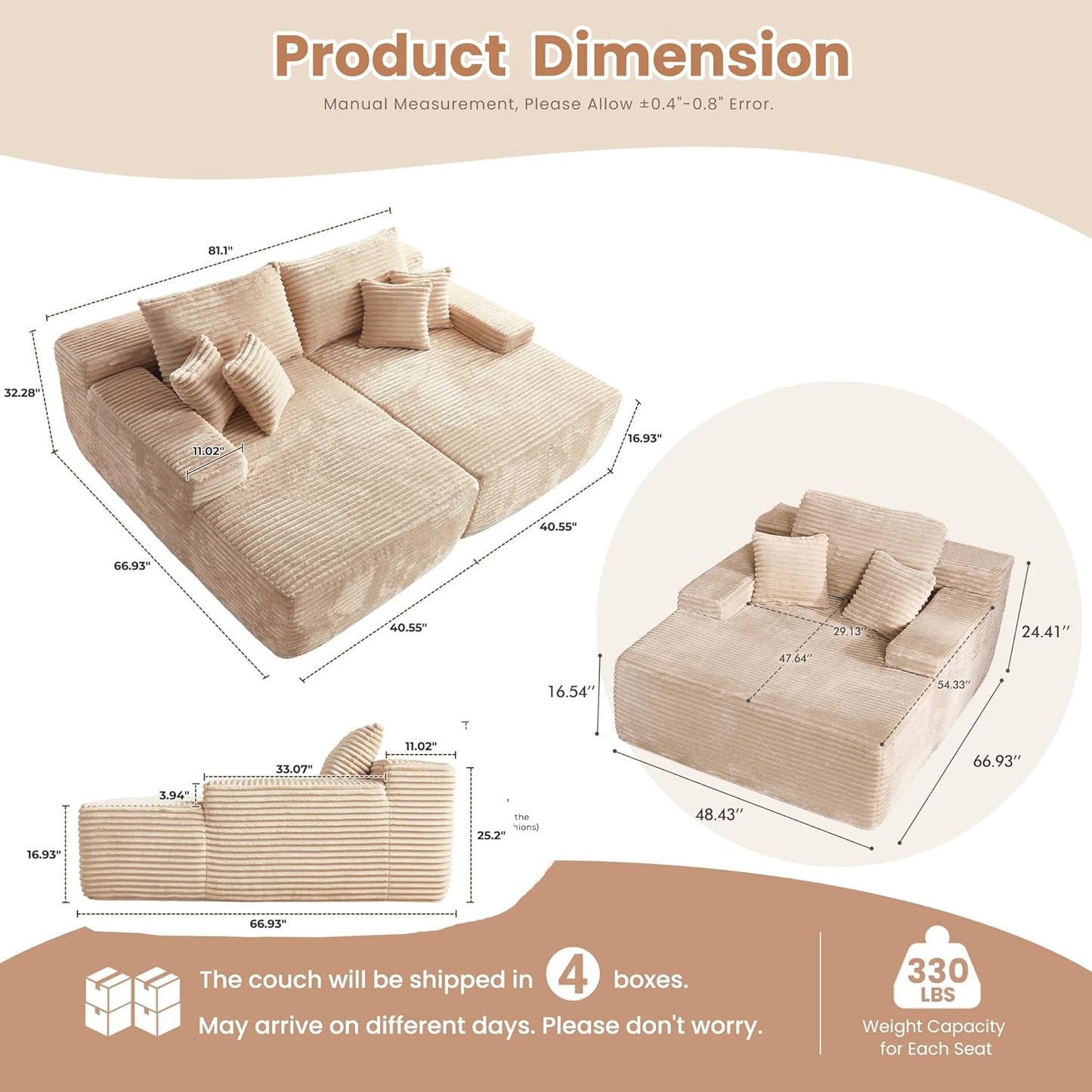 HOOOWOOO Cloud Sectional Couches for Living Room,Modular Sectional Sofa No Assembly,Plush Corduroy Large Floor Couch Furniture Set with Deep Seat Double Chaise and Singlar Lounge(Beige)