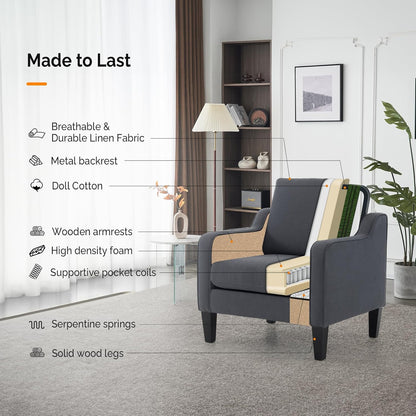 VINGLI Accent Chairs Set of 2 Living Room Chairs Dark Grey Reading Chair for Bedroom Scooped Arm Chair Mid Century Modern Linen Chairs Upholstered Comfy Chair for Apartment, Waiting Room