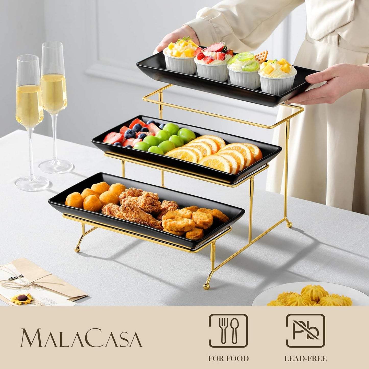 MALACASA 3 Tier Serving Trays for Party, 12 Inch Porcelain Black Trays for Serving Food, Dessert Stand with Collapsible Gold Metal Rack
