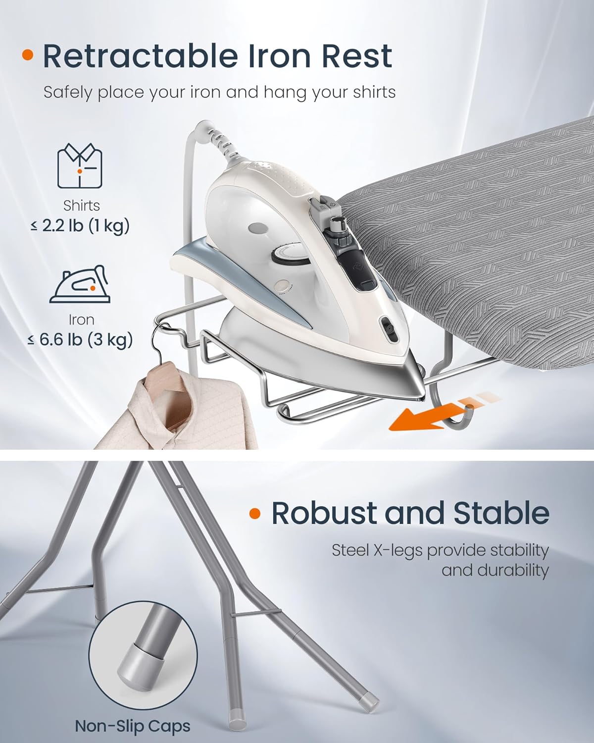 SONGMICS Ironing Board, Foldable Iron Board, Height Adjustable up to 35 Inches, with 4 Layered Cover and Pad, Iron Rest, Hook, Steel X-Legs, for Home, Laundry Room, Dorm, Dove Gray ULLB001G01