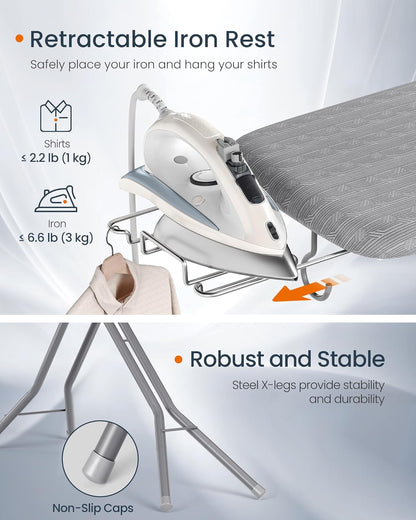SONGMICS Ironing Board, Foldable Iron Board, Height Adjustable up to 35 Inches, with 4 Layered Cover and Pad, Iron Rest, Hook, Steel X-Legs, for Home, Laundry Room, Dorm, Dove Gray ULLB001G01