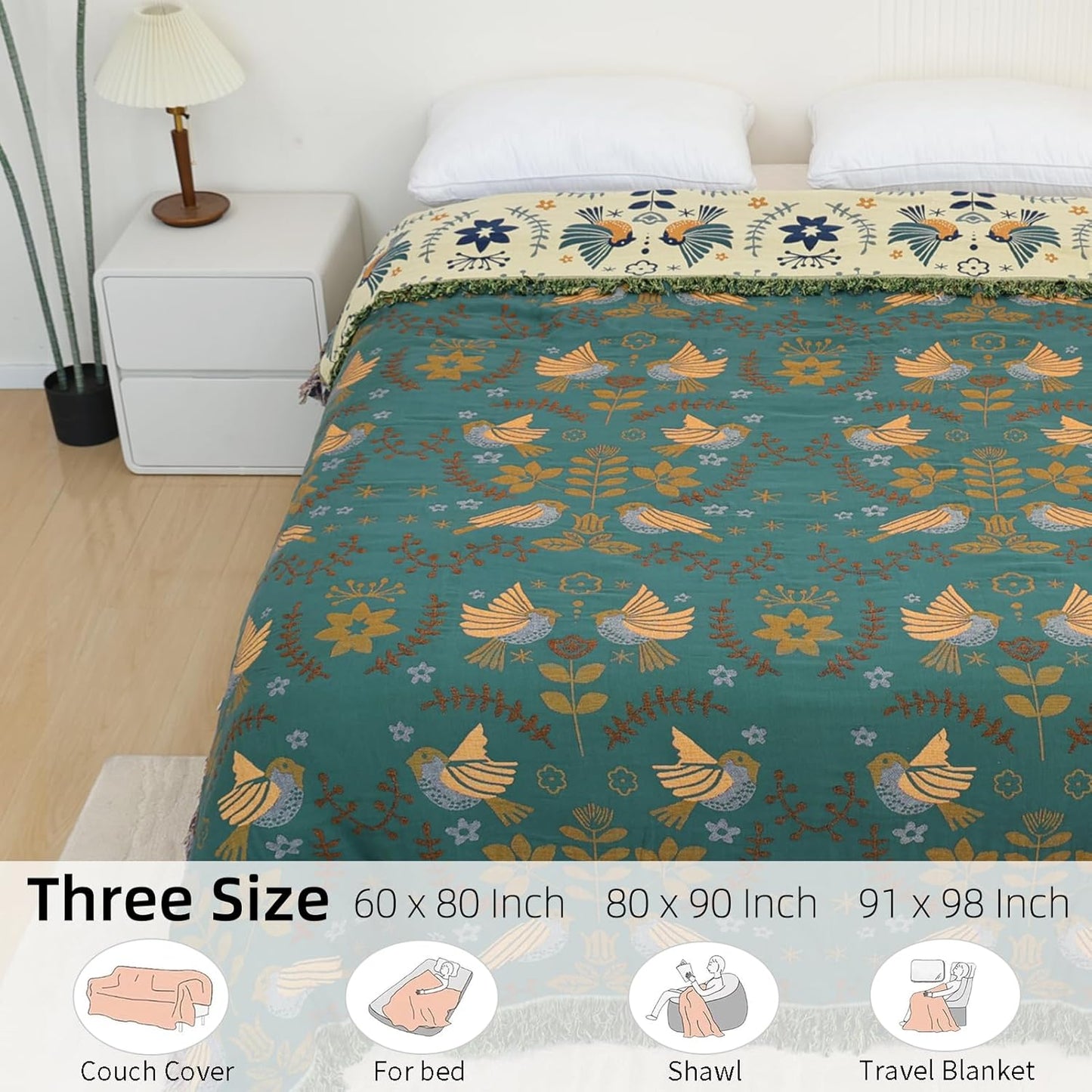 Boho Throw Blanket for Bed, 100% Pure Cotton Ultra Soft Rustic Quilt, Farmhouse Decor Bed Blankets, All Season Rustic Throw for Sofa Couch Chair(80''x 90'', Bird A)