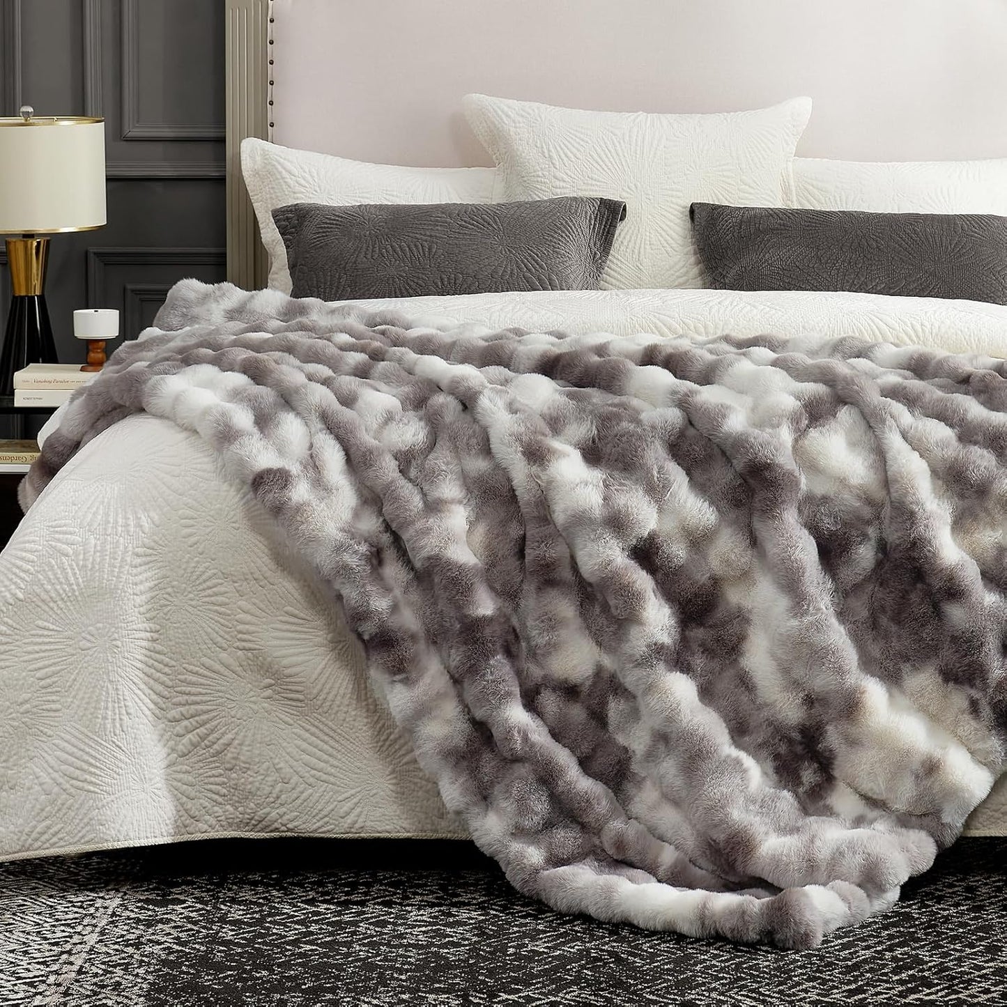Cozy Bliss Faux Fur Throw Blanket for Couch, Fuzzy Soft Plush Thick Bubble Blanket for Sofa Bedroom Living Room, 60 * 80 Inches Tie-dye Taupe